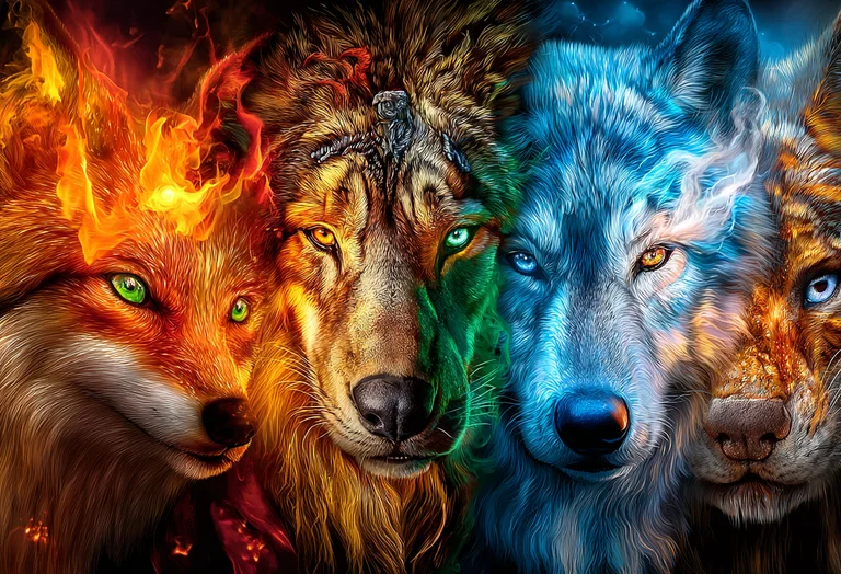 A striking digital artwork features a composite of four powerful