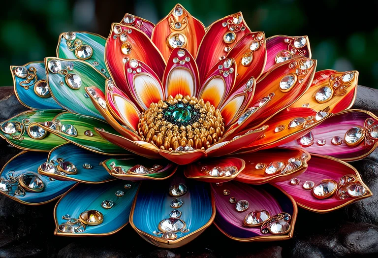 A highly ornate, jeweled lotus flower sculpture is displayed