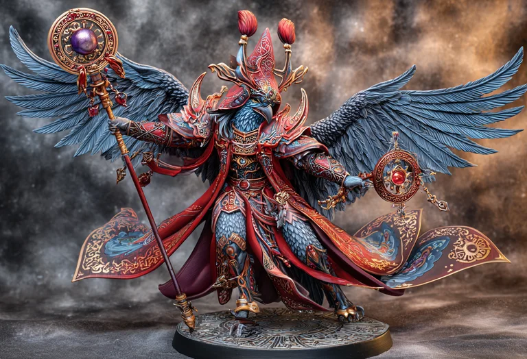 A majestic, avian creature stands adorned in ornate, crimson and gold