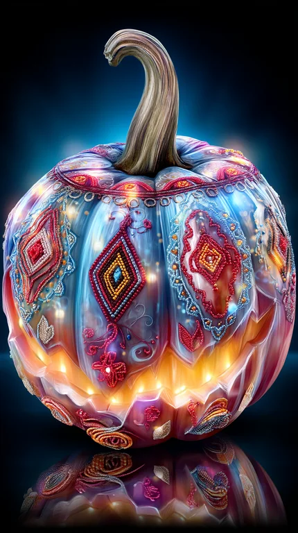 A highly ornate and decorated pumpkin is illuminated from within,