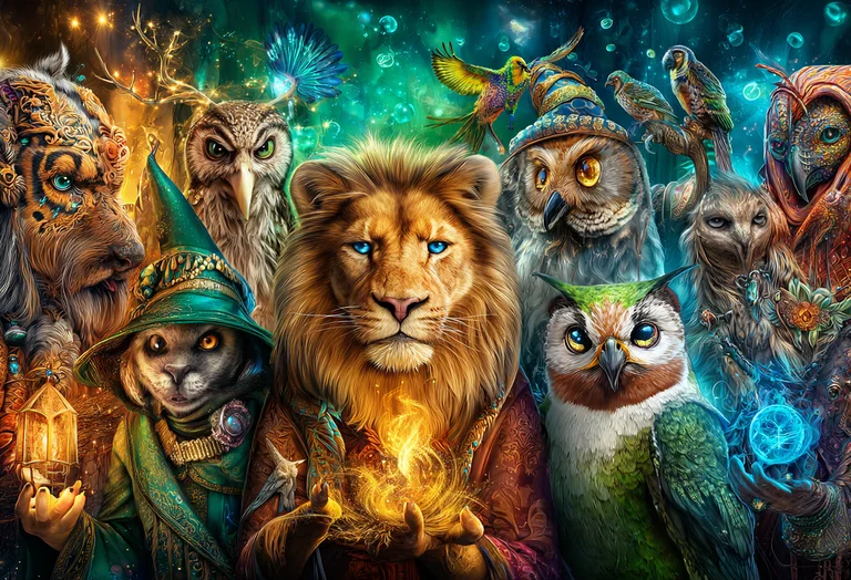 A majestic lion with piercing blue eyes stands at the center of a