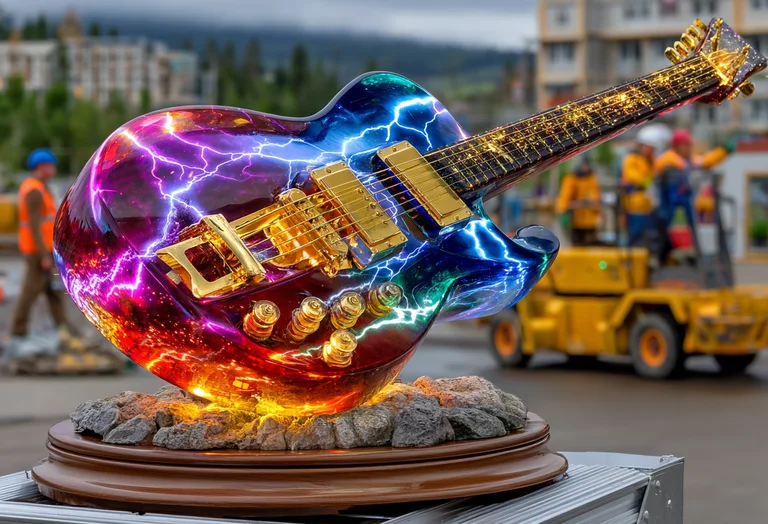 A highly stylized electric guitar, adorned with a vibrant, electric