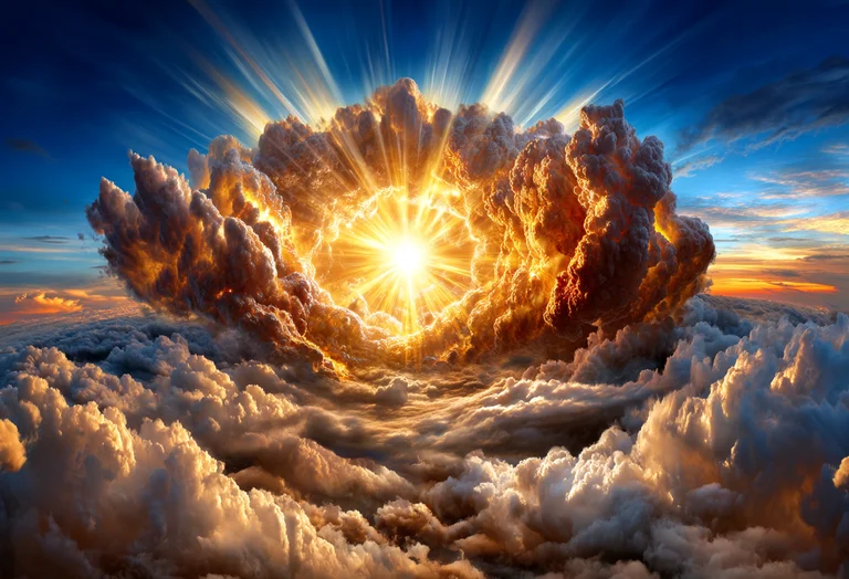 A powerful explosion erupts in the sky, with a blindingly bright