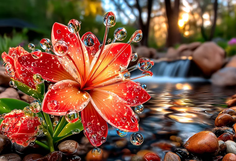 A vibrant red and orange flower with dew drops is in focus in the