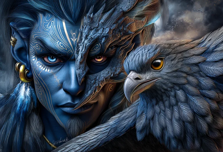 A striking portrait of a blue-skinned humanoid with intricate golden