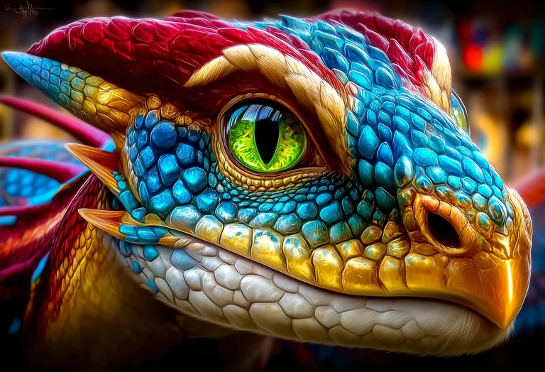 A close-up, detailed portrait of a dragon's head