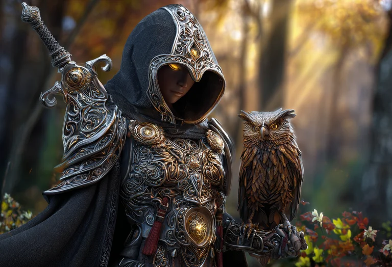 A mysterious figure in ornate armor stands with a majestic owl