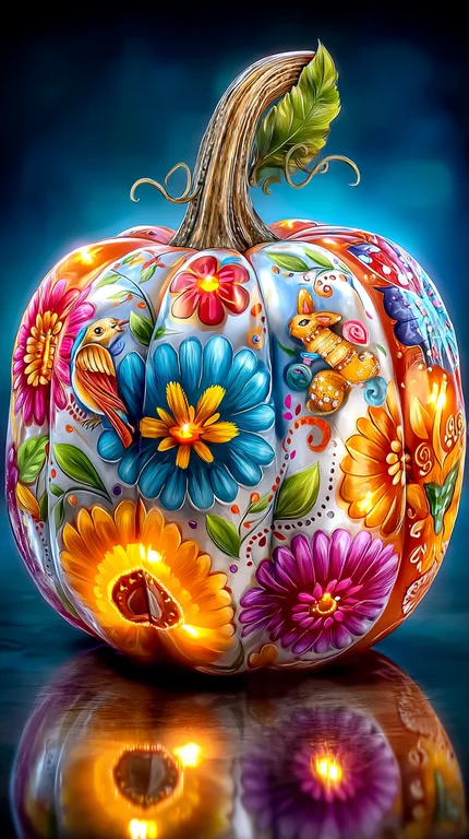 A highly detailed, ornate pumpkin is decorated with vibrant floral