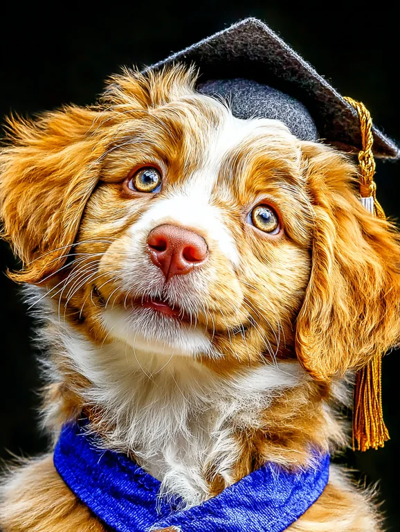 A close-up portrait of a young Australian Shepherd puppy wearing a