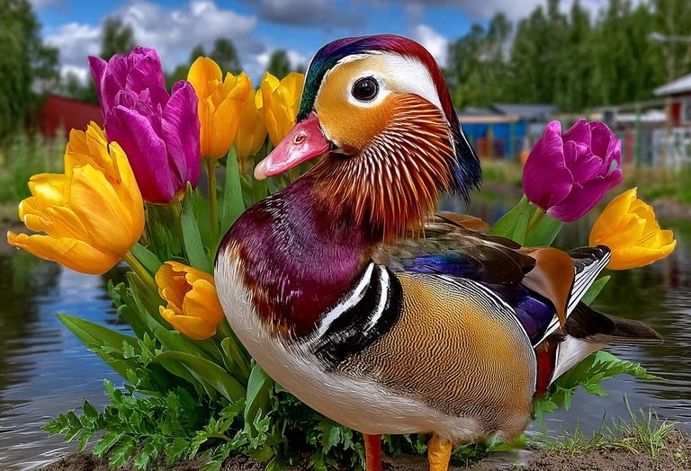 A vibrant Mandarin duck stands proudly amidst a bed of colorful tulips