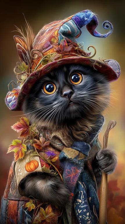 A black cat dressed as a whimsical witch wears a colorful, patchwork