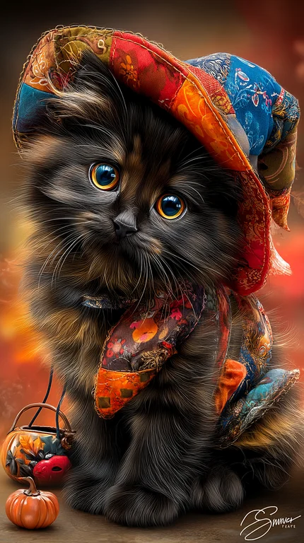 A fluffy, dark-furred kitten with large, bright blue eyes is dressed
