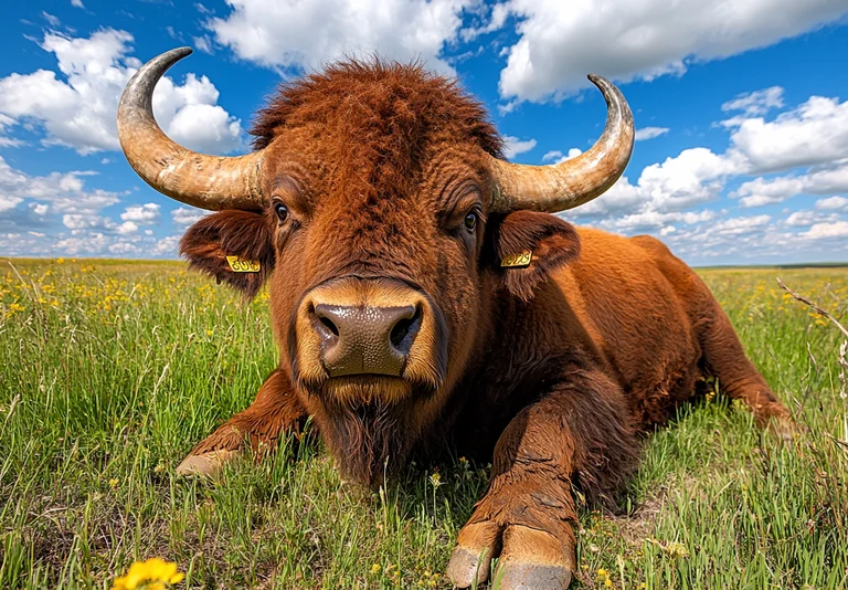 A close-up, photorealistic image of a bison lying in a grassy field