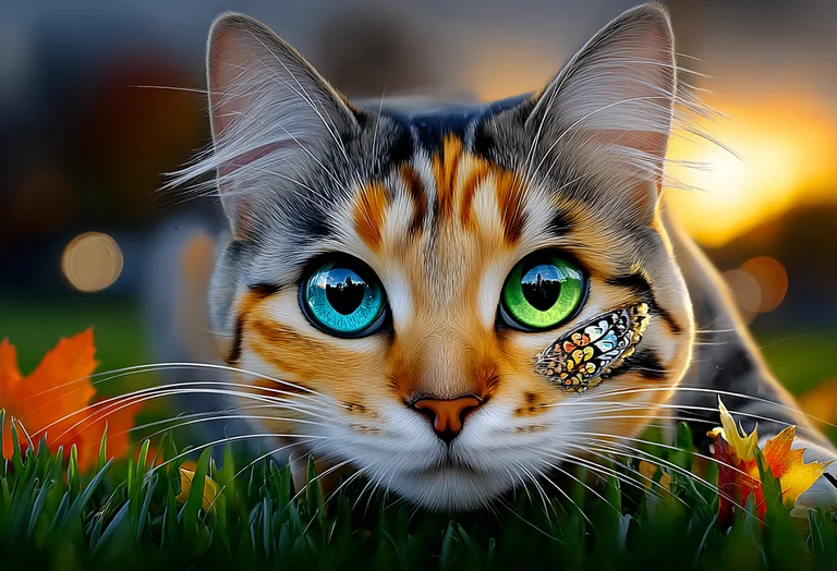 A close-up, photorealistic portrait of a calico cat with