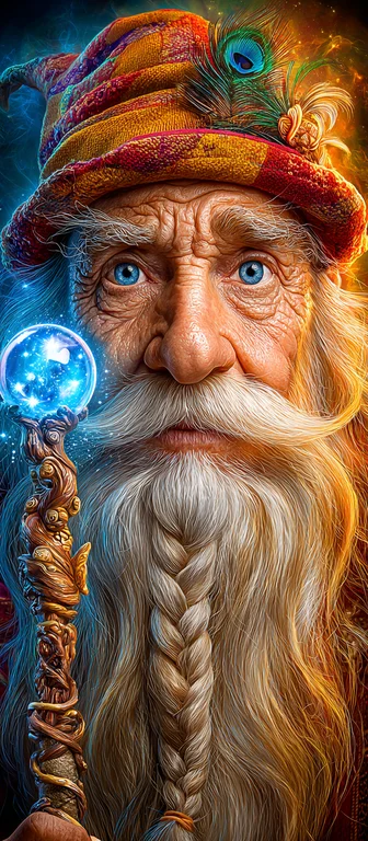 A close-up portrait of an elderly wizard with a long, braided beard
