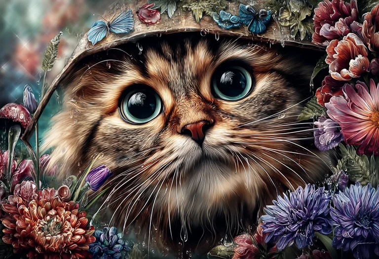 A close-up, highly detailed portrait of a fluffy tabby cat with
