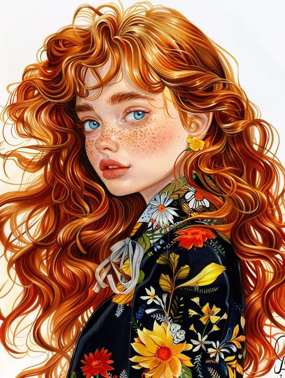 A young woman with vibrant red, curly hair and striking blue eyes is