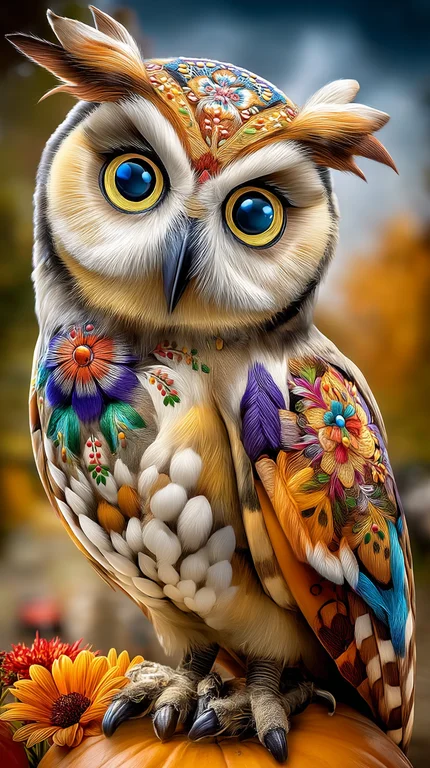 A highly detailed, vibrantly decorated owl is perched on a pumpkin