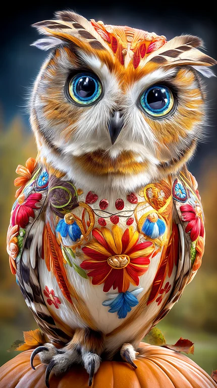 A highly detailed, photorealistic owl is adorned with intricate