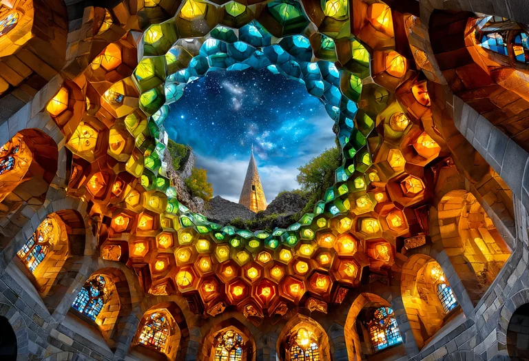 A view looking up into a fantastical, honeycomb-like ceiling structure