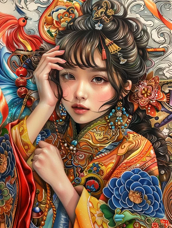 A young woman with intricate traditional attire and elaborate