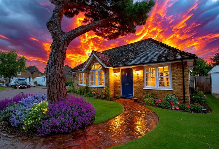 A charming brick house with a blue door is illuminated by warm