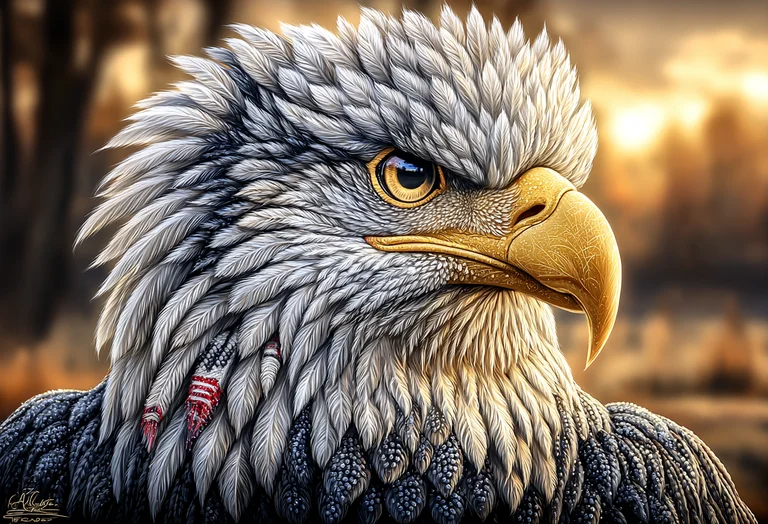 A majestic bald eagle is depicted in a close-up portrait, its