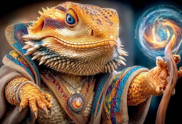 A majestic bearded dragon, depicted as a wise wizard, conjures a