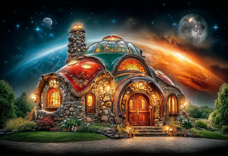 A whimsical, hobbit-like dwelling is nestled into a grassy hillside