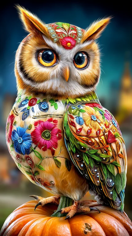 A highly detailed, photorealistic owl is perched on a pumpkin