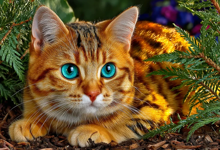A close-up portrait of a Bengal cat with striking blue eyes