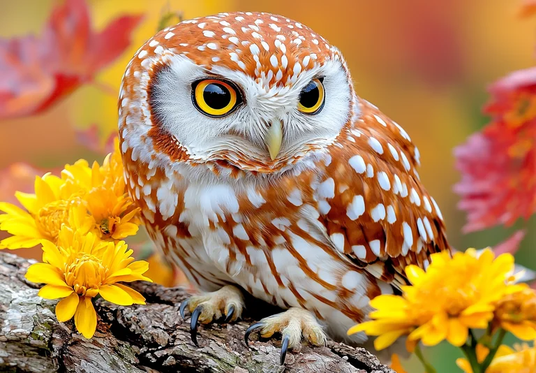 A small, spotted owl with bright yellow eyes is perched on a tree