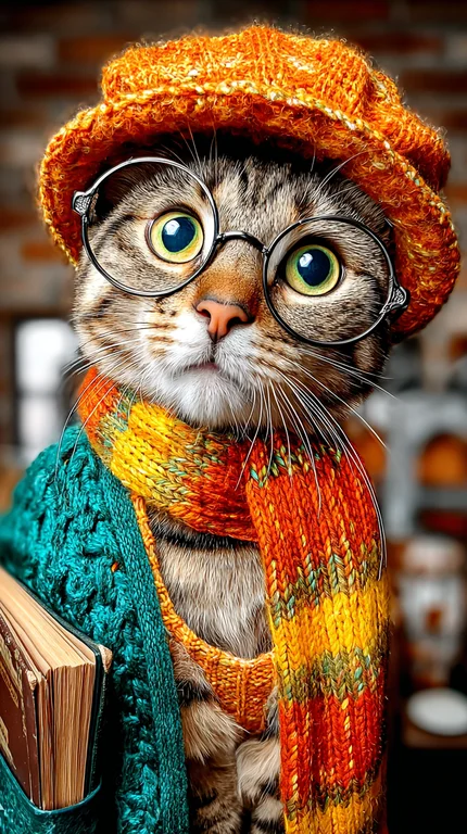 A close-up portrait of a tabby cat wearing a knitted orange beret,