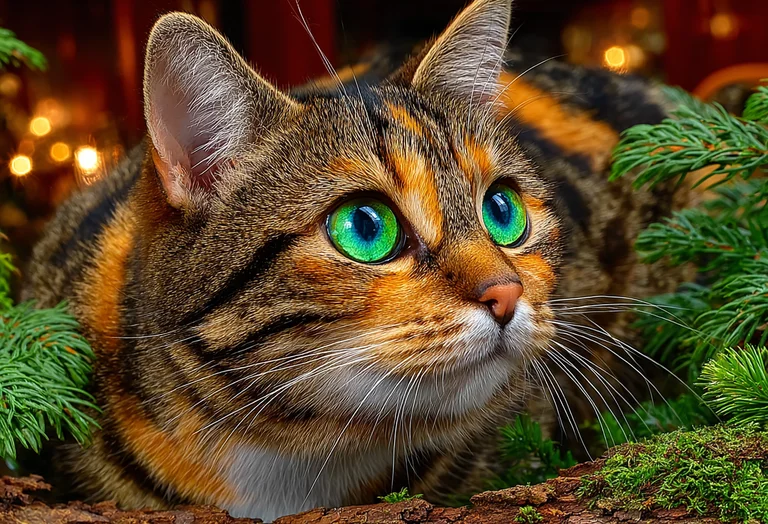 A close-up portrait of a tabby cat with striking green eyes