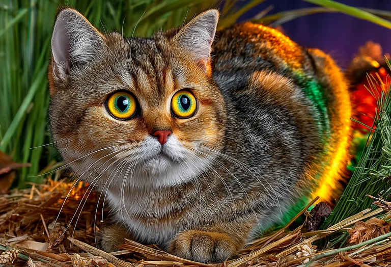 A close-up, photorealistic portrait of a tabby cat with striking,