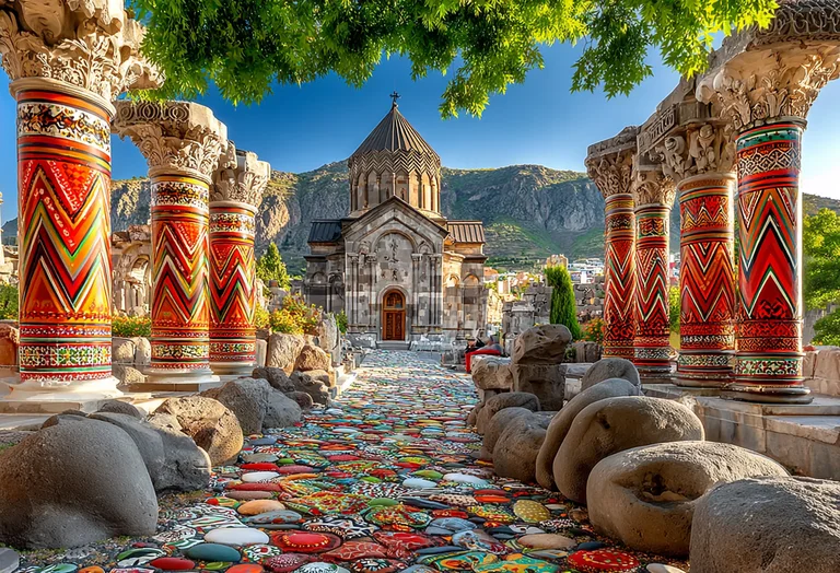 A picturesque view of an ancient Armenian monastery, with intricately