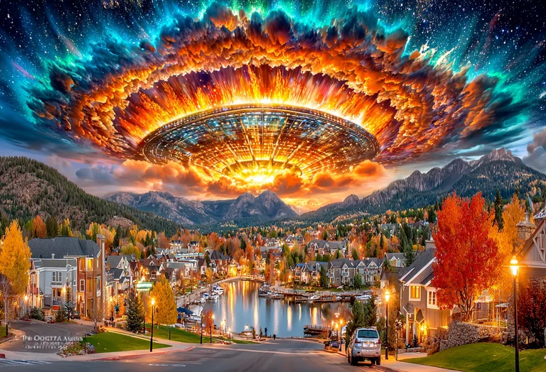 A massive, glowing alien spacecraft hovers ominously in the sky above
