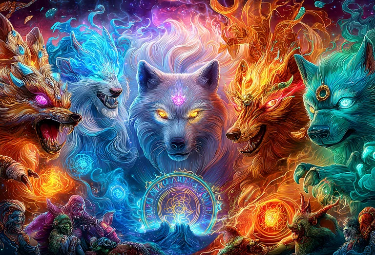 A central, majestic wolf with glowing yellow eyes is surrounded by