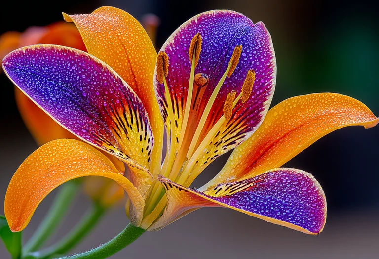 A close-up, macro photograph captures a vibrant lily in full bloom,