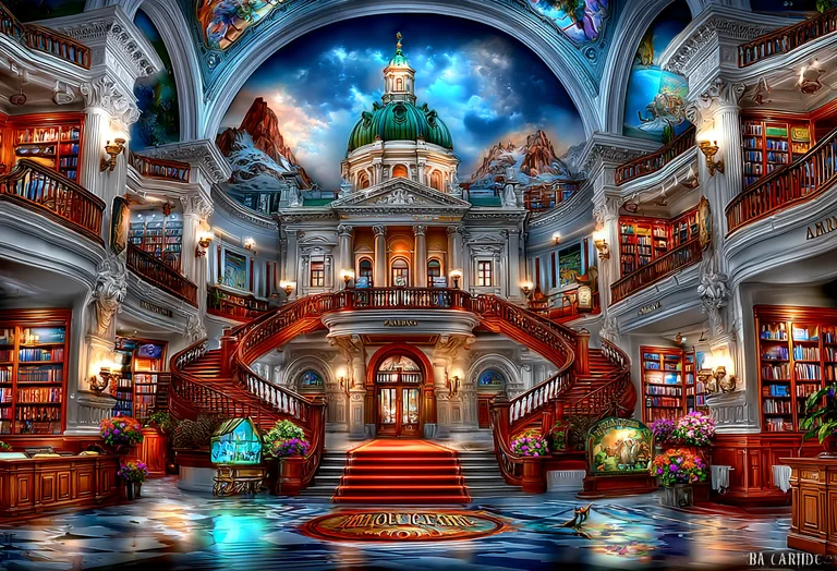 An opulent, multi-level library with grand architecture and a