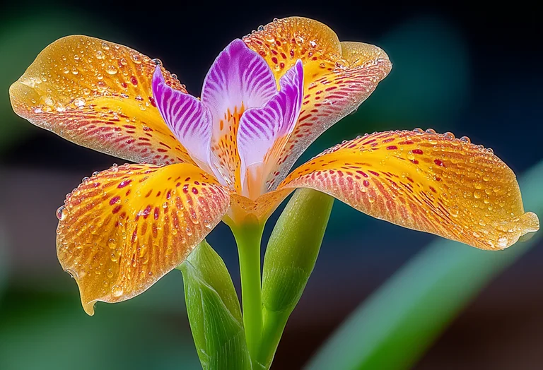 A close-up, macro photograph of a vibrant yellow and purple iris