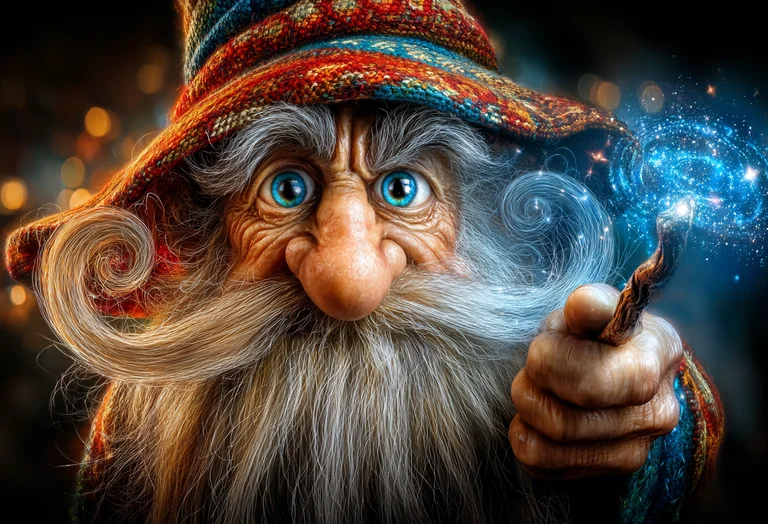 A close-up portrait of an old, wise wizard with a long white beard