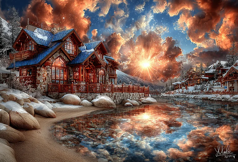 A majestic log cabin lodge sits on the shore of a calm lake,