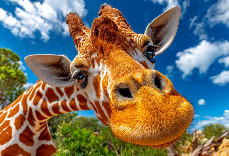 A close-up, low-angle shot of a giraffe's head against a bright blue