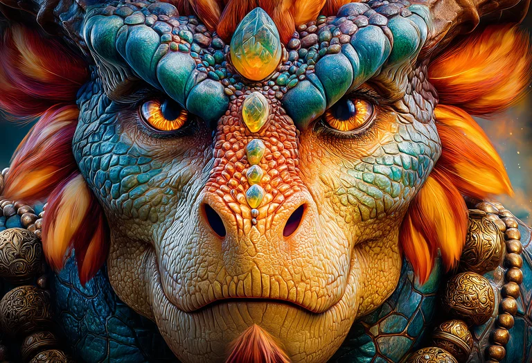 A close-up, head-on portrait of a majestic dragon