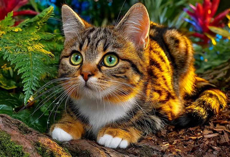 A close-up, photorealistic image of a tabby cat with striking green