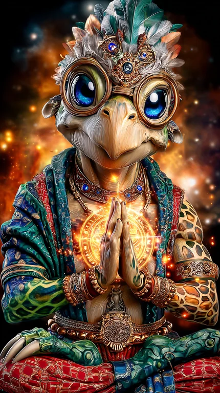 A mystical turtle-like creature sits in a meditative pose, hands