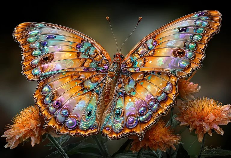 A highly detailed, ornate butterfly with iridescent wings rests on an