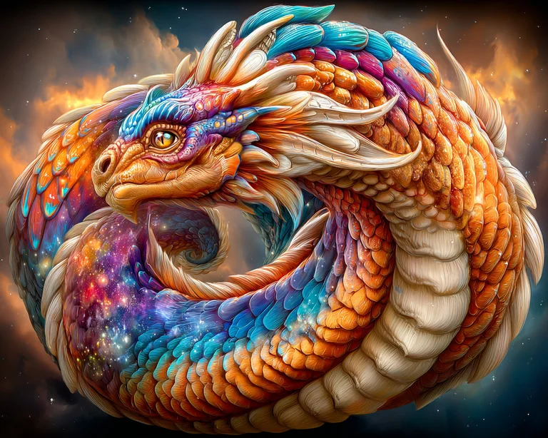 A majestic dragon is coiled in a circular pose, its scales shimmering