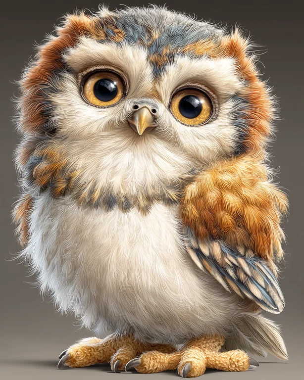 A close-up, photorealistic portrait of an adorable baby owl